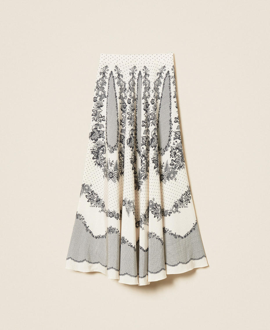 Gonna lunga in raso jacquard a fiori e pois Stampa Lace And Flowers Nero / Madreperla Donna 262TP267E_13947_S0