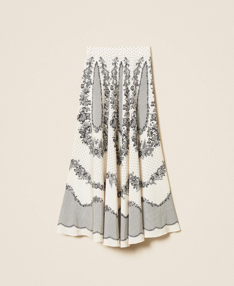 Jacquard satin long skirt with floral and polka dot pattern Black/Mother of Pearl Lace And Flowers Print Woman 262TP267E_13947_S0
