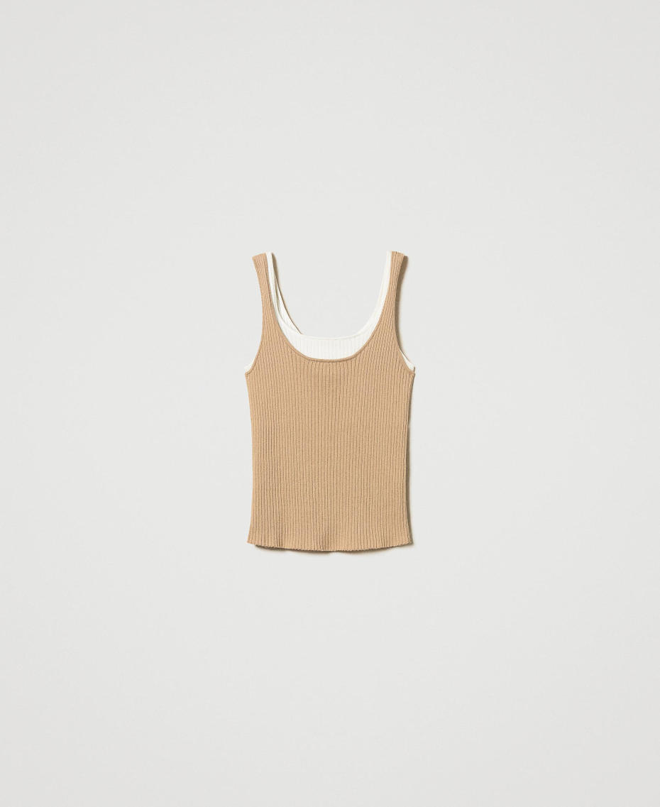 Trompe-l'œil fitted knit top Two-tone Rope Beige/Snow Woman 251TE3015_12292_S0