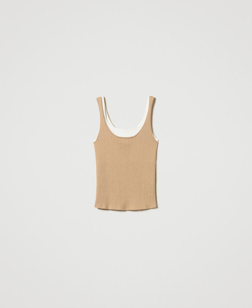 Trompe-l'œil fitted knit top Two-tone Rope Beige/Snow Woman 251TE3015_12292_S0