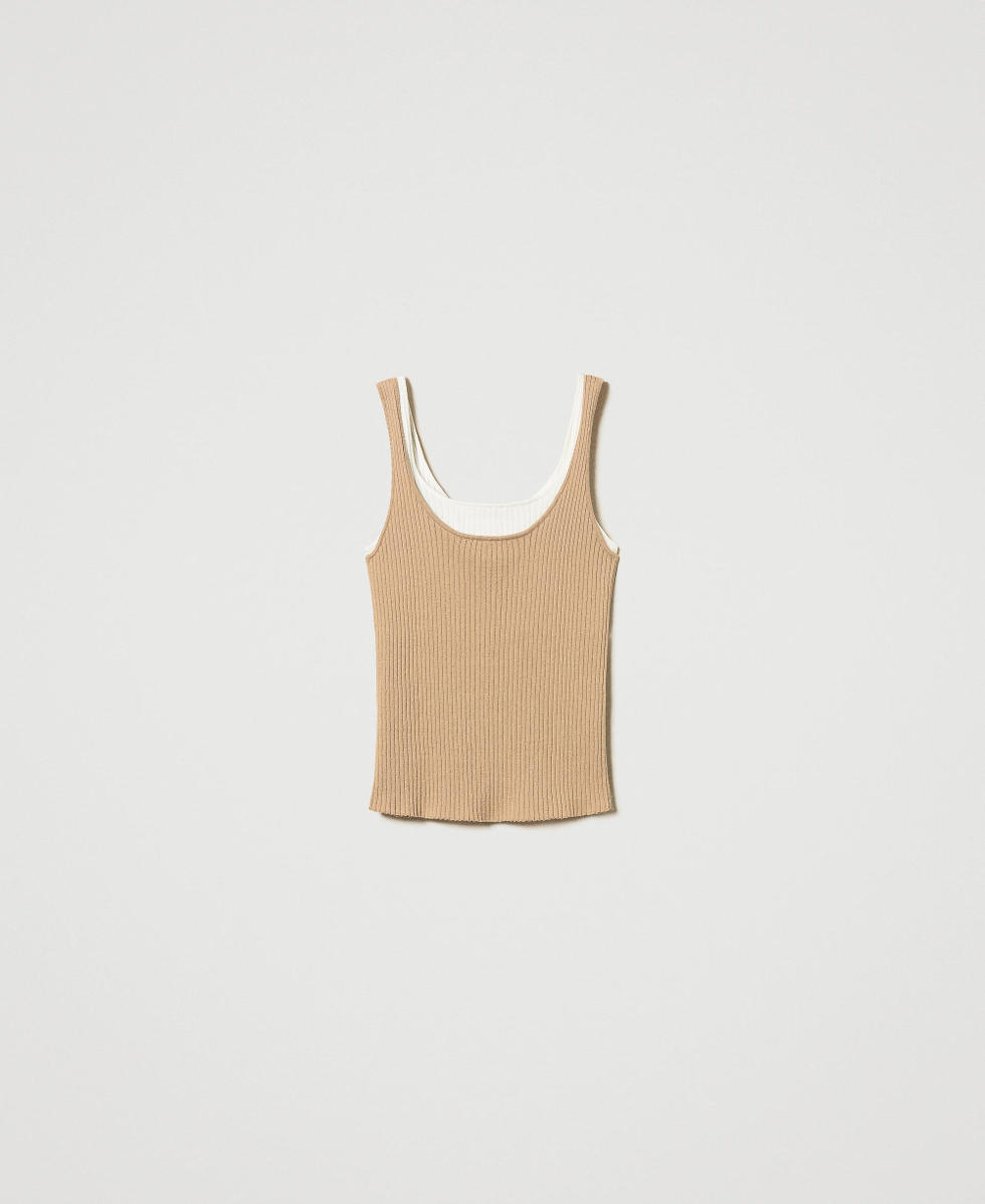 Figurbetontes Stricktop mit Trompe-l '&OElig;il-Effekt Zweifarbig "Rope"-Beige / Schneewei&szlig; Frau 251TE3015_12292_S0