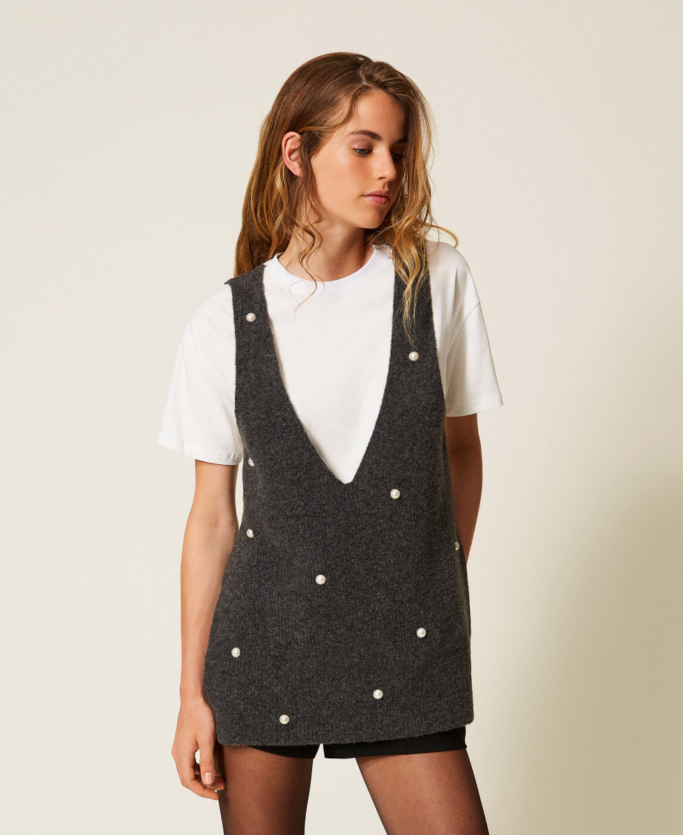 T-shirt in maglia con perle Grigio M&eacute;lange Medio Donna 252AP3042_0082M_01