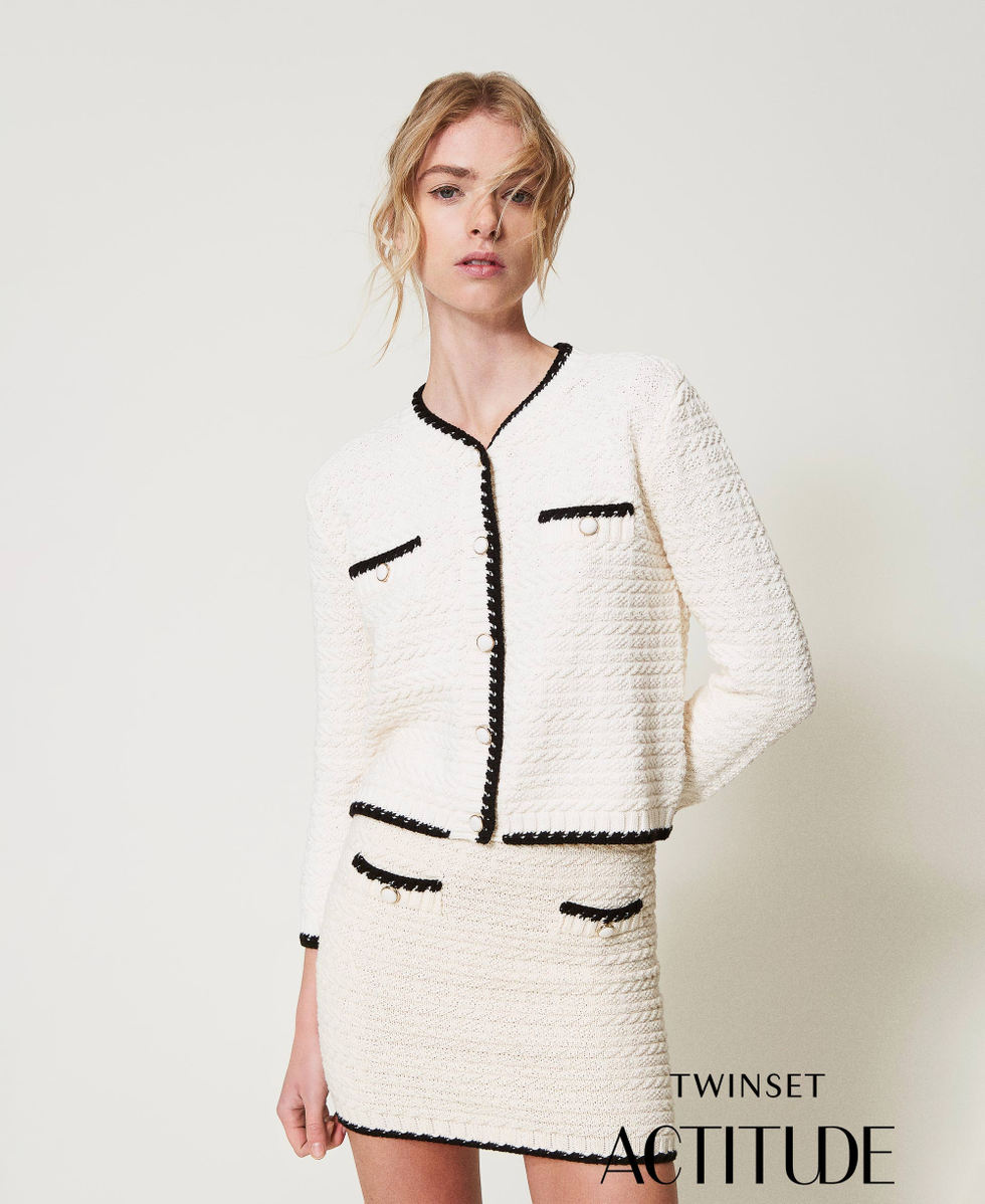 Jacquard knit jacket Two-tone Sugar/Black Woman 251AP3080_10201_PA
