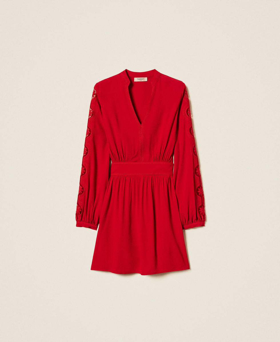 Kurzes Kleid aus Krepp mit Stickerei Venedigrot Frau 252TP2150_00740_S0