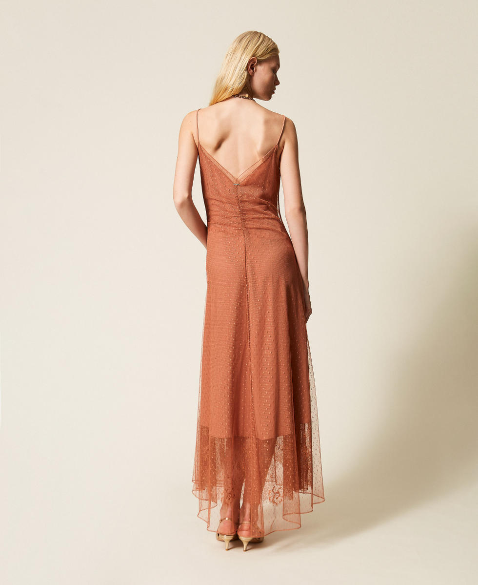 Long plumetis tulle dress with lace Mocha Mousse Brown Woman 261TP2360_13168_03