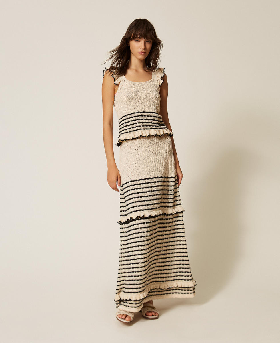 Striped jumper with ruffles Two-tone Parchment White/Black Jacquard Woman 261LB3HCC_13338_T0