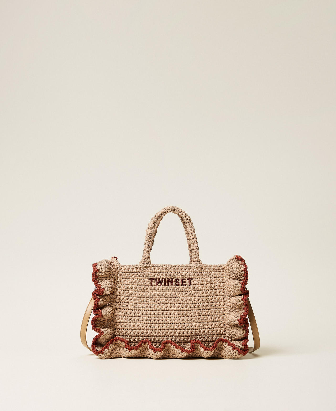 Crochet shoulder bag with flounces Two-tone Rope Beige/Henna Brown Woman 261TD8291_13498_01