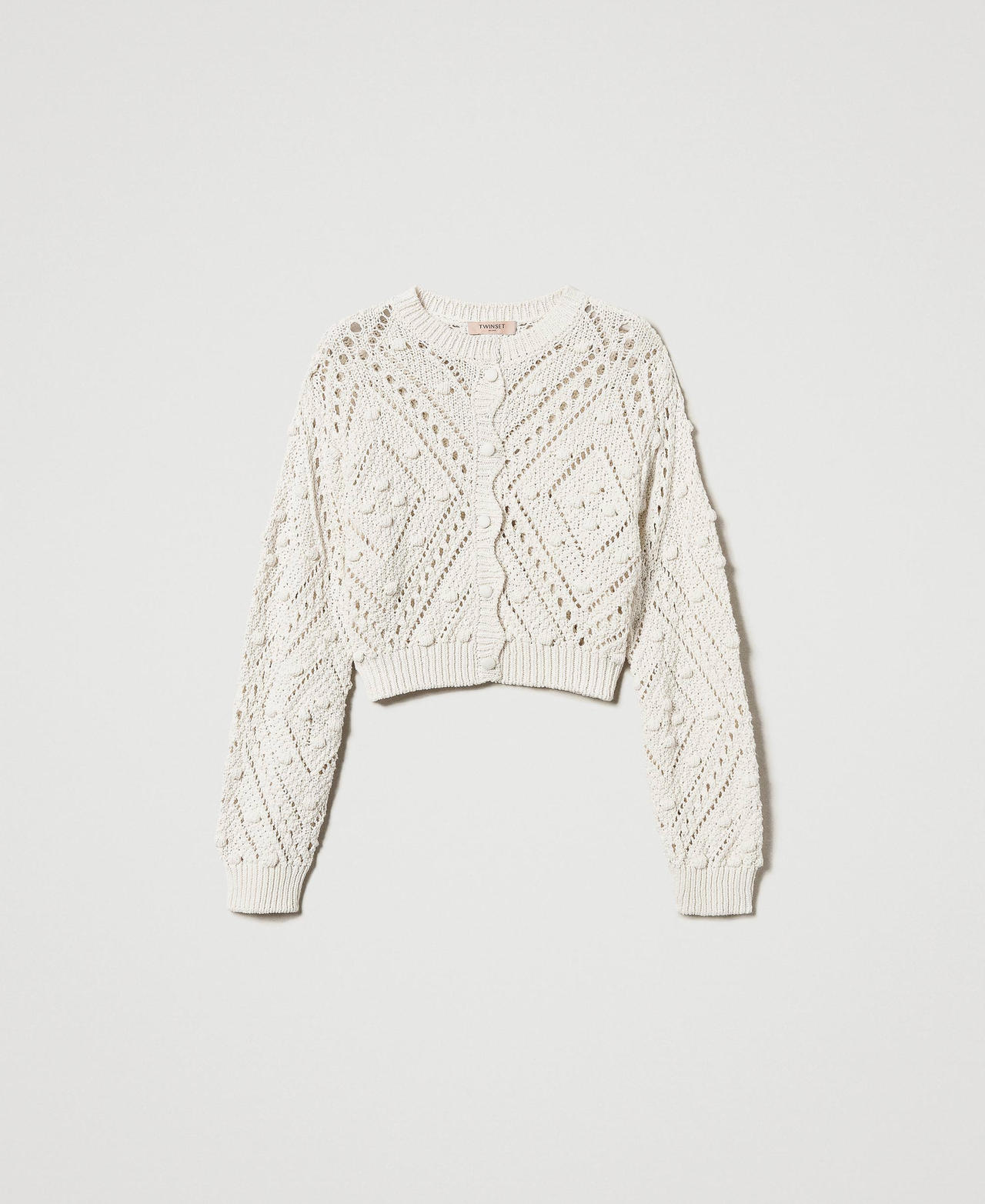 Openwork cotton blend jersey knit cardigan Woman, Beige | TWINSET