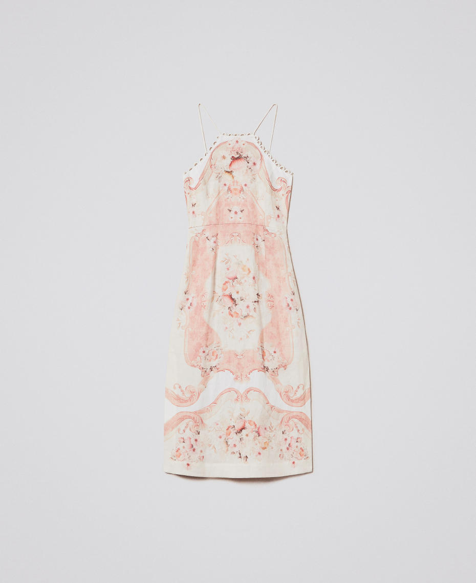 Midi dress in printed linen Flowers Tapestry Dusty Coral Shade Print Woman 251TT2440_12527_S0