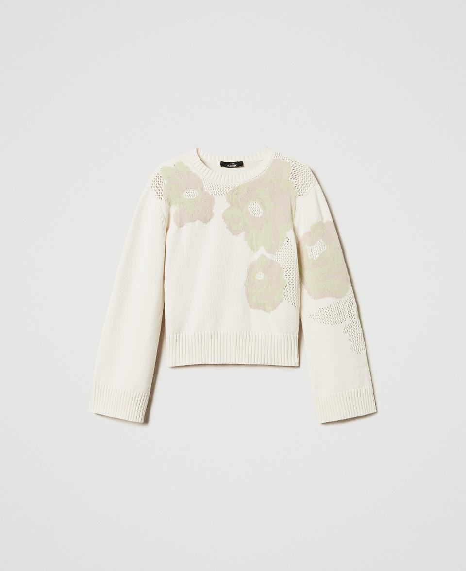 Jacquard jumper with roses Sugar White Woman 251AP3260_00632_S0