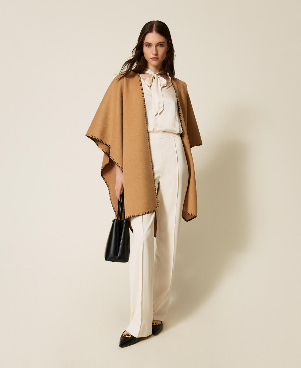 Wool cloth poncho with scarf Two tone Alpaca Brown/Black Woman 252TO5170_12918_T0