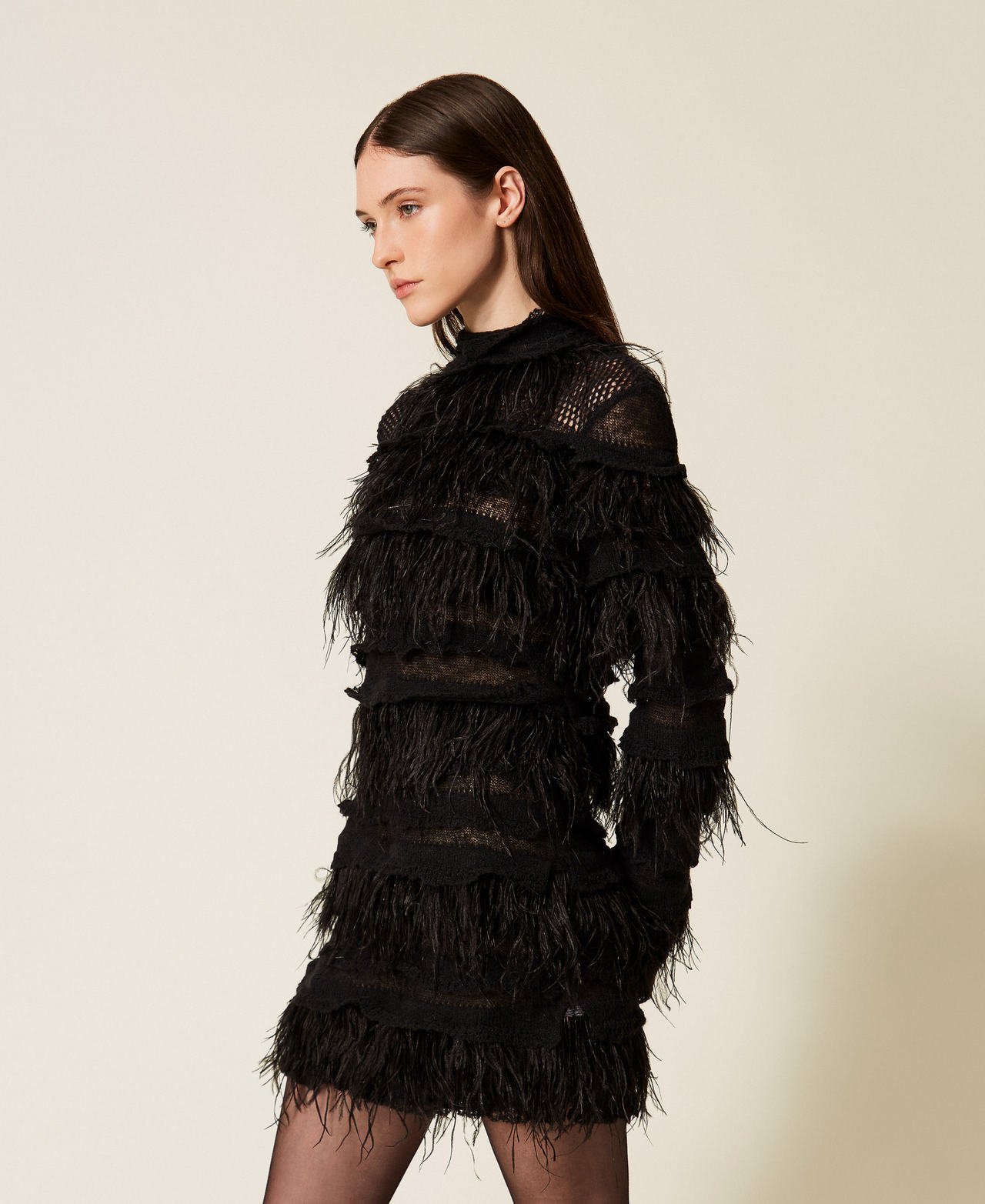 Short knit dress with feathers Black Woman 252TS3240_00006_02