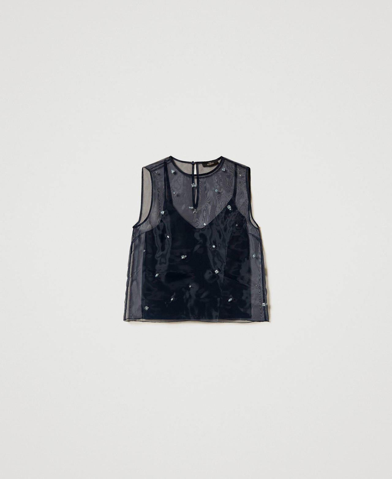 Organza top with hand embroidery Deep Blue Woman 251AP2512_03585_0S
