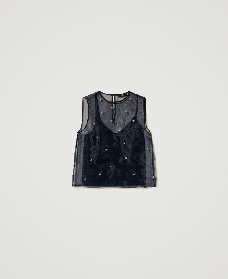 Organza top with hand embroidery Deep Blue Woman 251AP2512_03585_0S