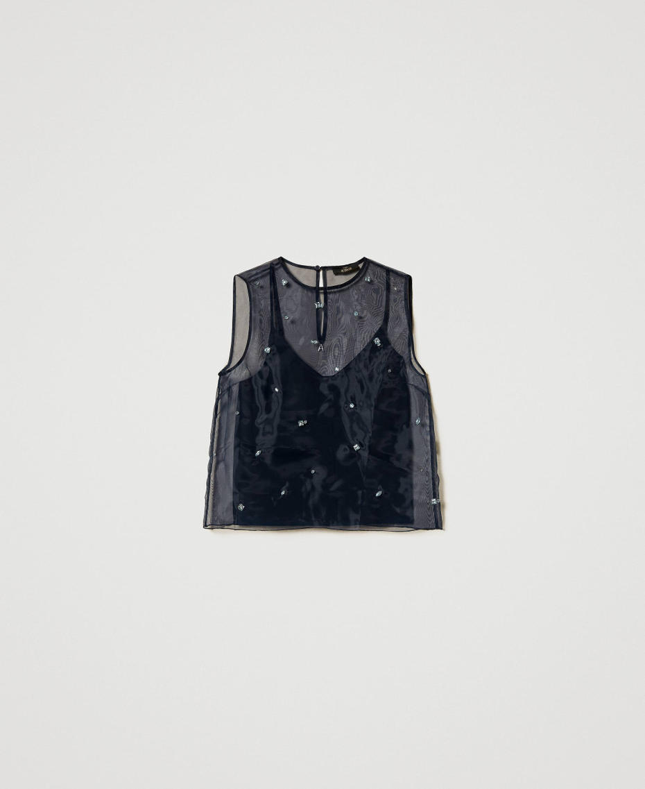 Organza top with hand embroidery Deep Blue Woman 251AP2512_03585_S0