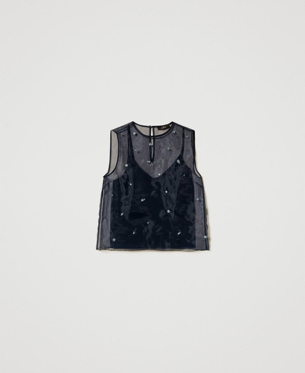 Organza top with hand embroidery Deep Blue Woman 251AP2512_03585_S0