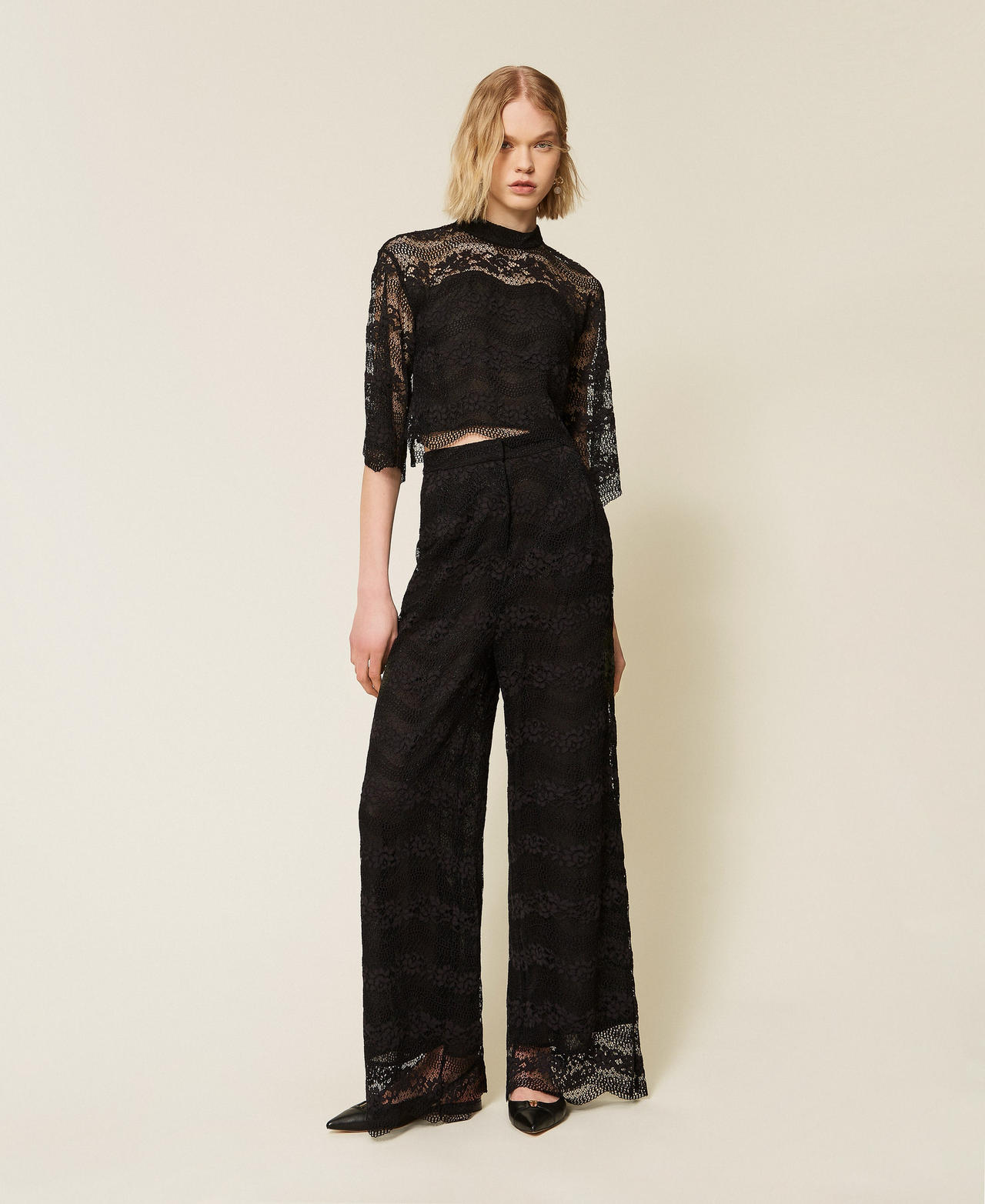 Twinset Women's Black Wide Fit Macramé Lace Trousers