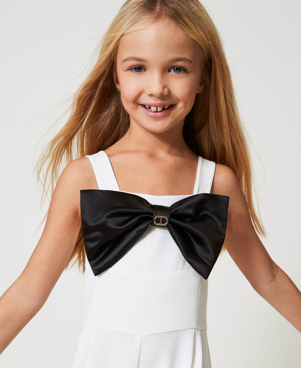 Combinaison en cr&ecirc;pe avec n&oelig;ud Bicolore Blanc Glace / Noir Fille 251GJ2QN1_02849_04