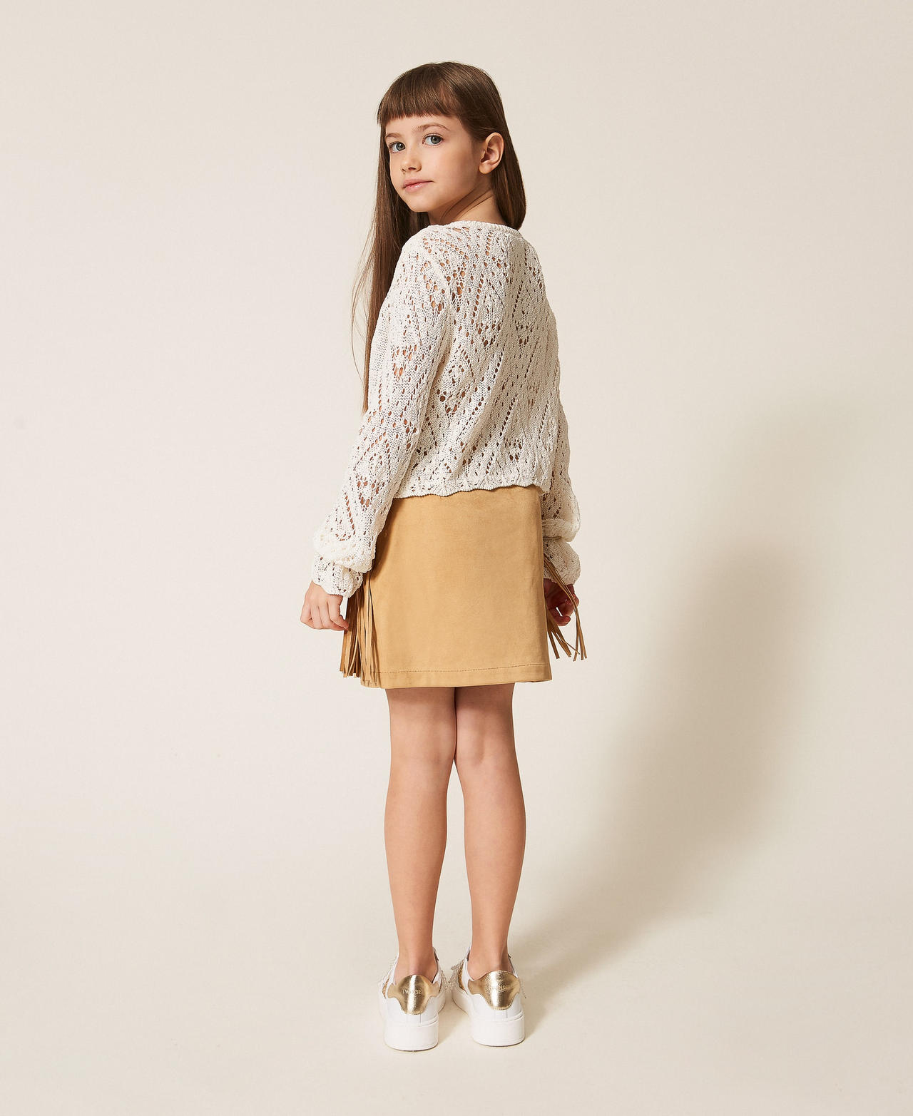 Jupe courte en su&eacute;dine avec franges Beige &laquo;&nbsp;Safari&nbsp;&raquo; Fille 261GJ2141_13191_03