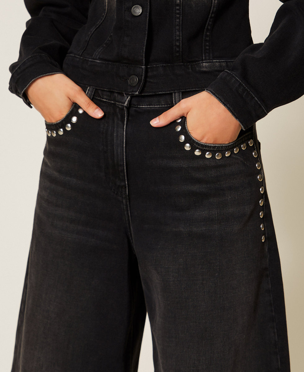 Denim Bermuda shorts with studs Washed Black Denim Woman 261AP2263_12908_03