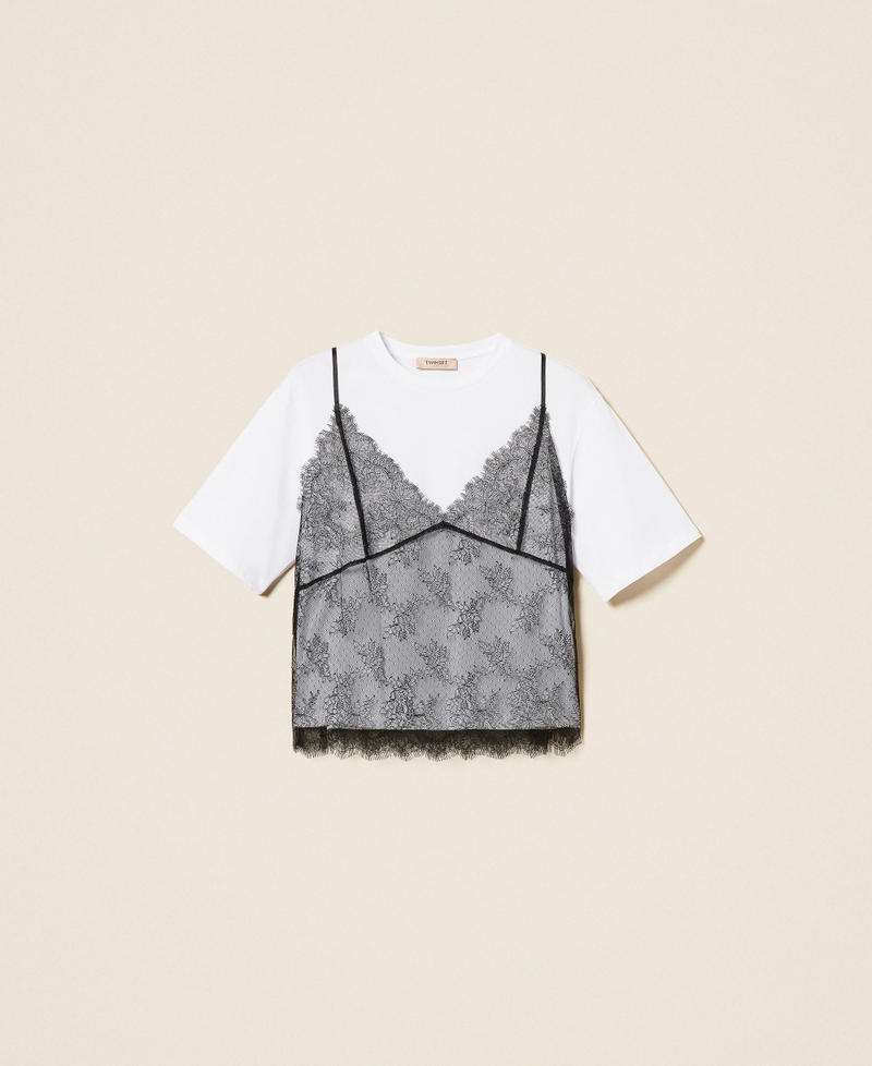 Crew neck T-shirt and lace top Two-tone &ldquo;Lucent White&rdquo; / Black Woman 262TT2553_11341_S0