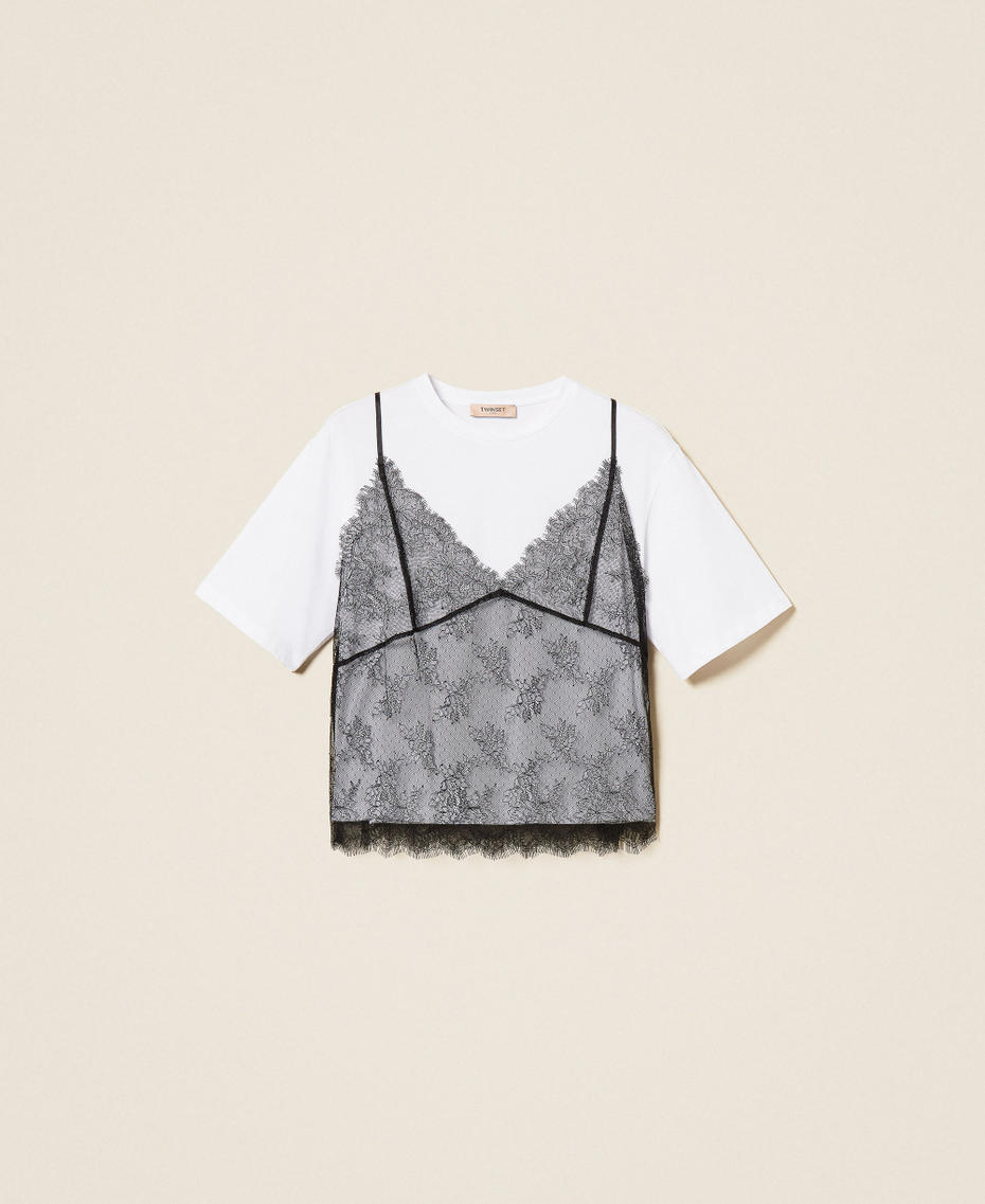 Crew neck T-shirt and lace top Two-tone &ldquo;Lucent White&rdquo; / Black Woman 262TT2553_11341_S0