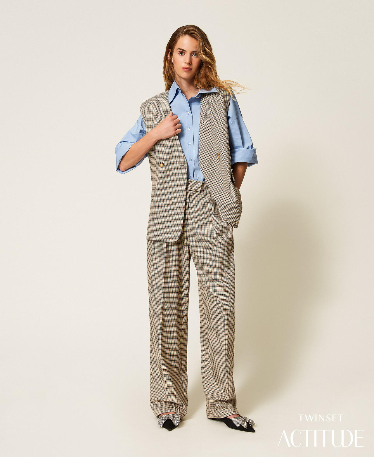 Houndstooth palazzo trousers Natural Houndstooth Woman 252AP2244_12667_PA