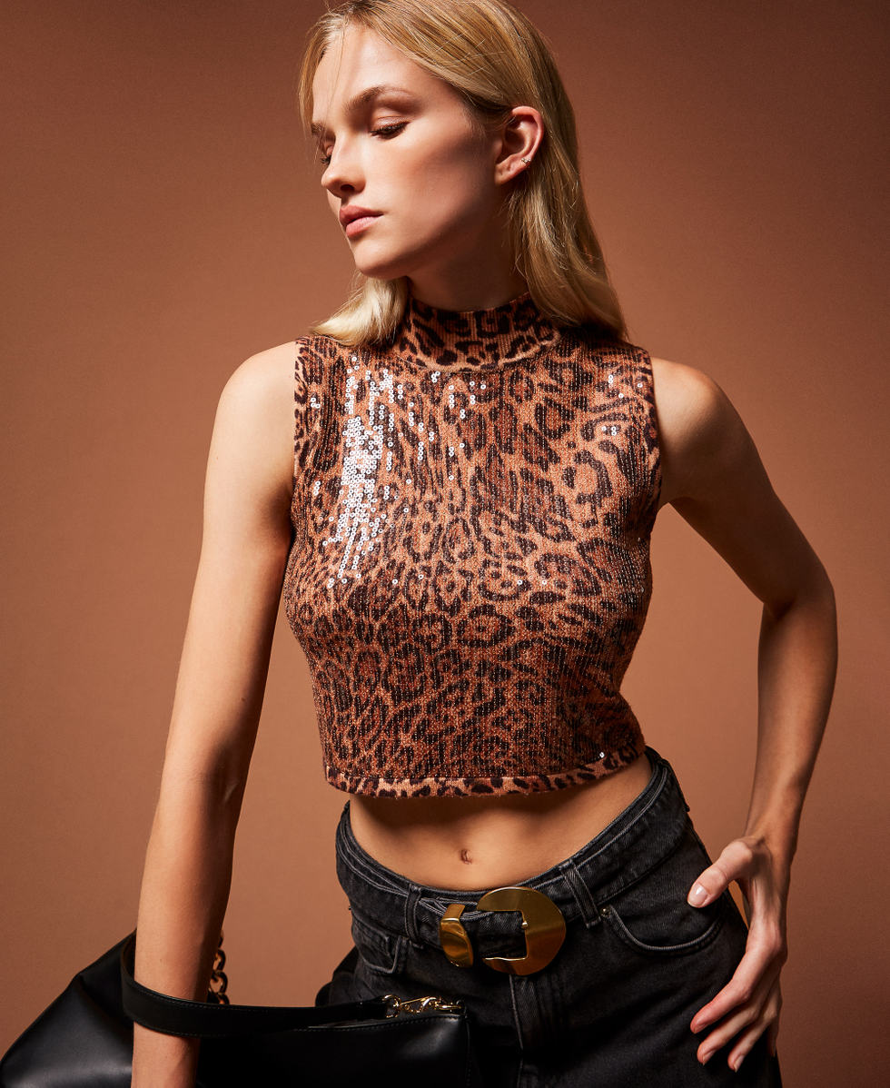 Top en maille avec sequins Imprim&eacute; Animalier Coffee/Marron &laquo;&nbsp;Land&nbsp;&raquo; Femme 252TP3612_12737_PC