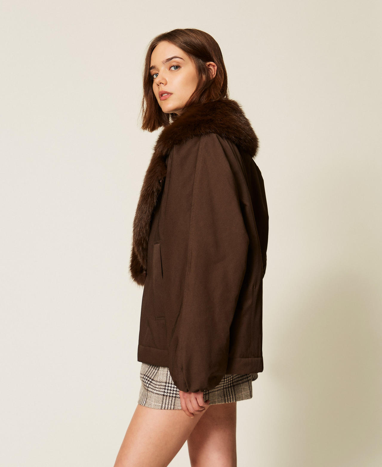 Gabardine jacket with faux fur collar Darkness Brown Woman 262TP2181_13411_02