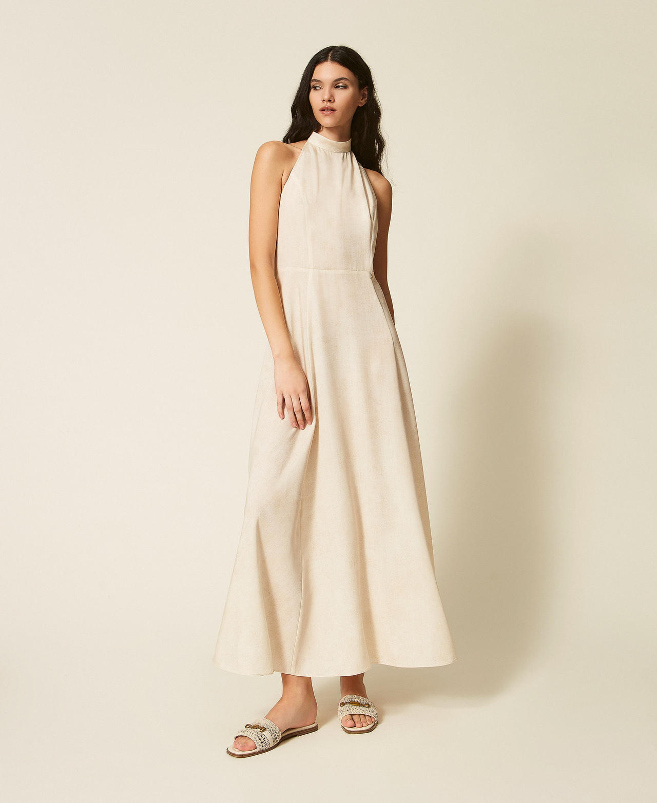 Langes Neckholder-Kleid mit Printmotiv Burn Wash Printed Beige &bdquo;Safari&ldquo; Frau 261AT2134_13461_01