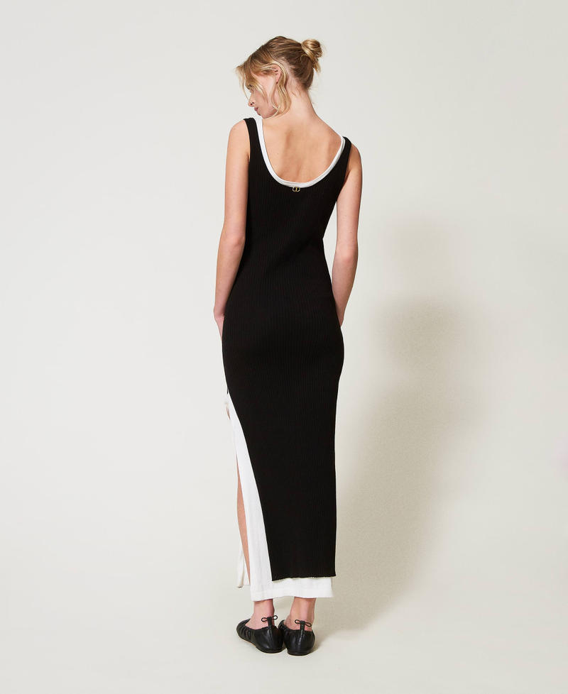 Long trompe-l'&oelig;il fitted knit dress Two-tone Black/Snow Woman 251TE3014_12295_03