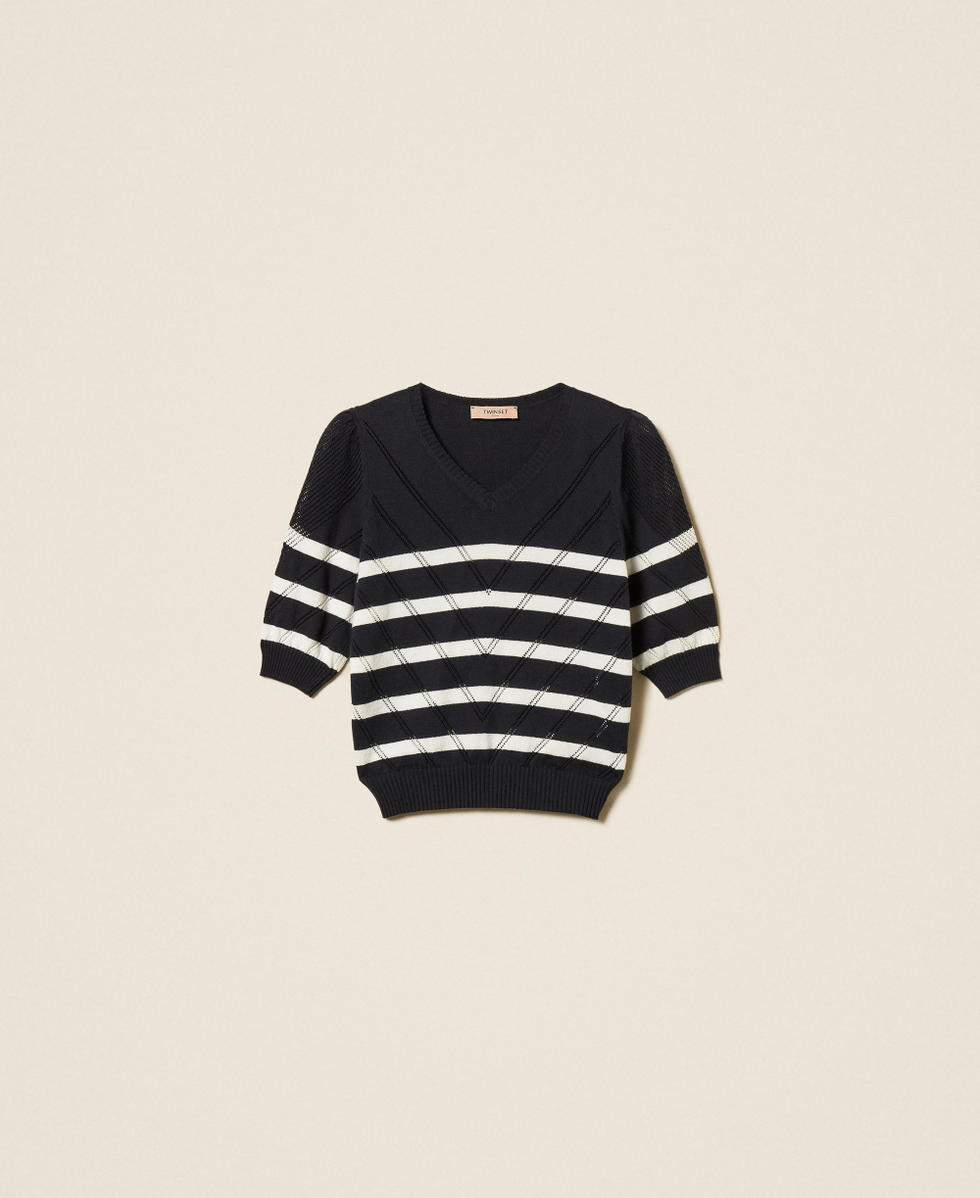 Pullover aus Baumwolle und Kaschmir im Streifendessin Streifen Blue Night/Schneewei&szlig; Frau 261TP3231_13412_S0