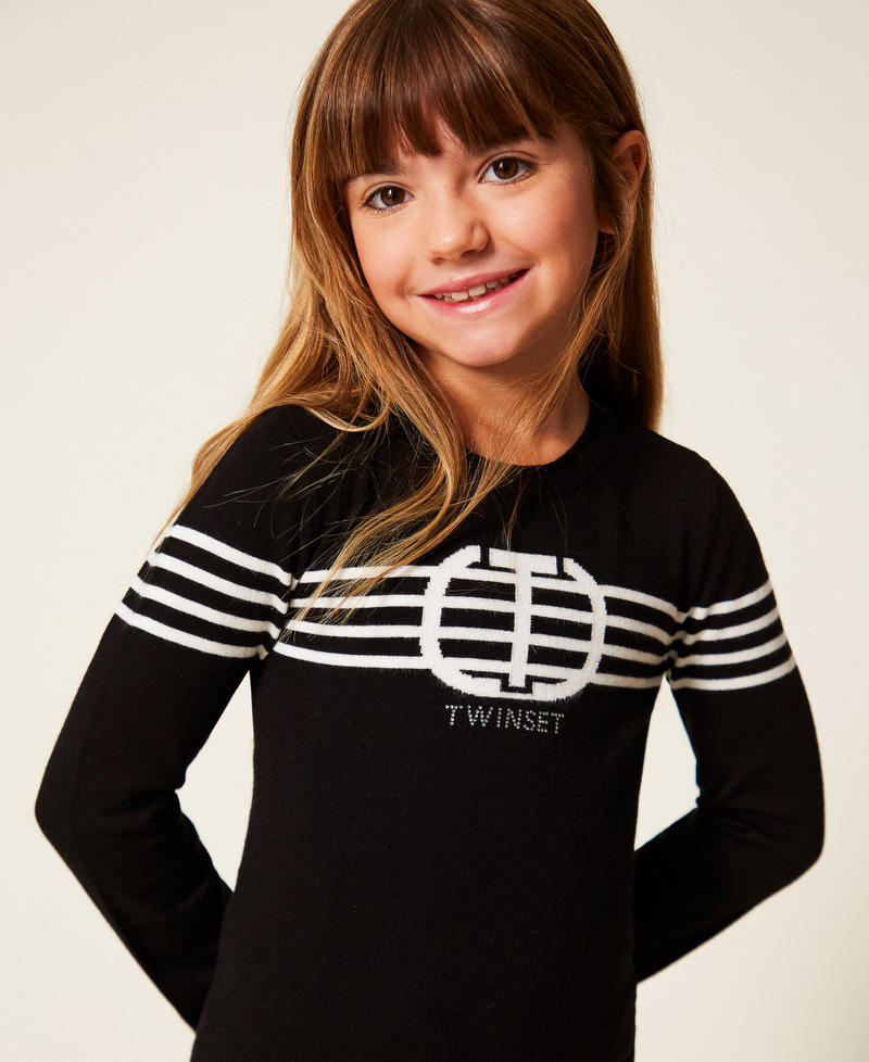 Girls' short dress with stripes and Oval T Black/Off White Girl 252GB309B_12732_04