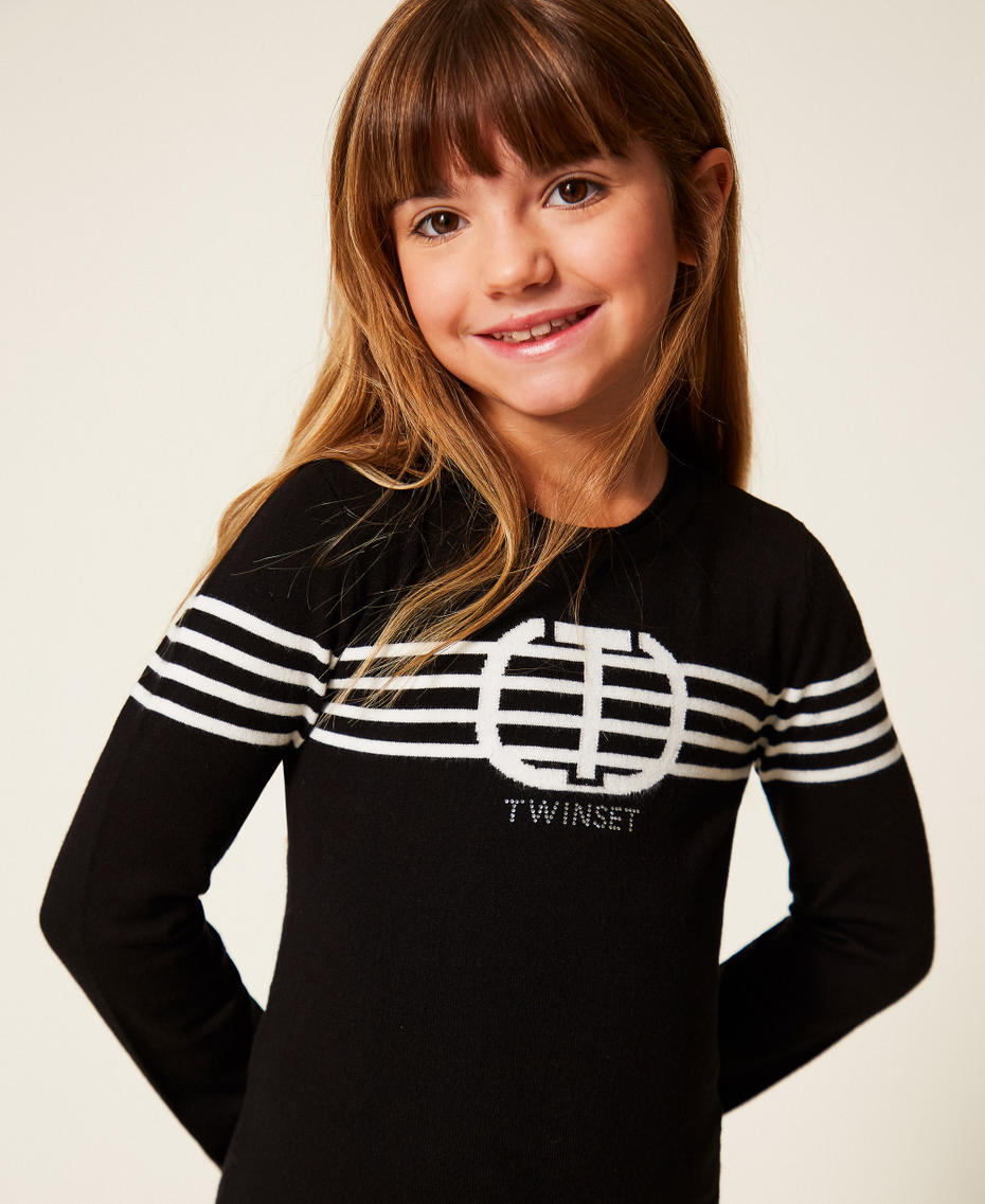 Girls' short dress with stripes and Oval T Black/Off White Girl 252GB309B_12732_04