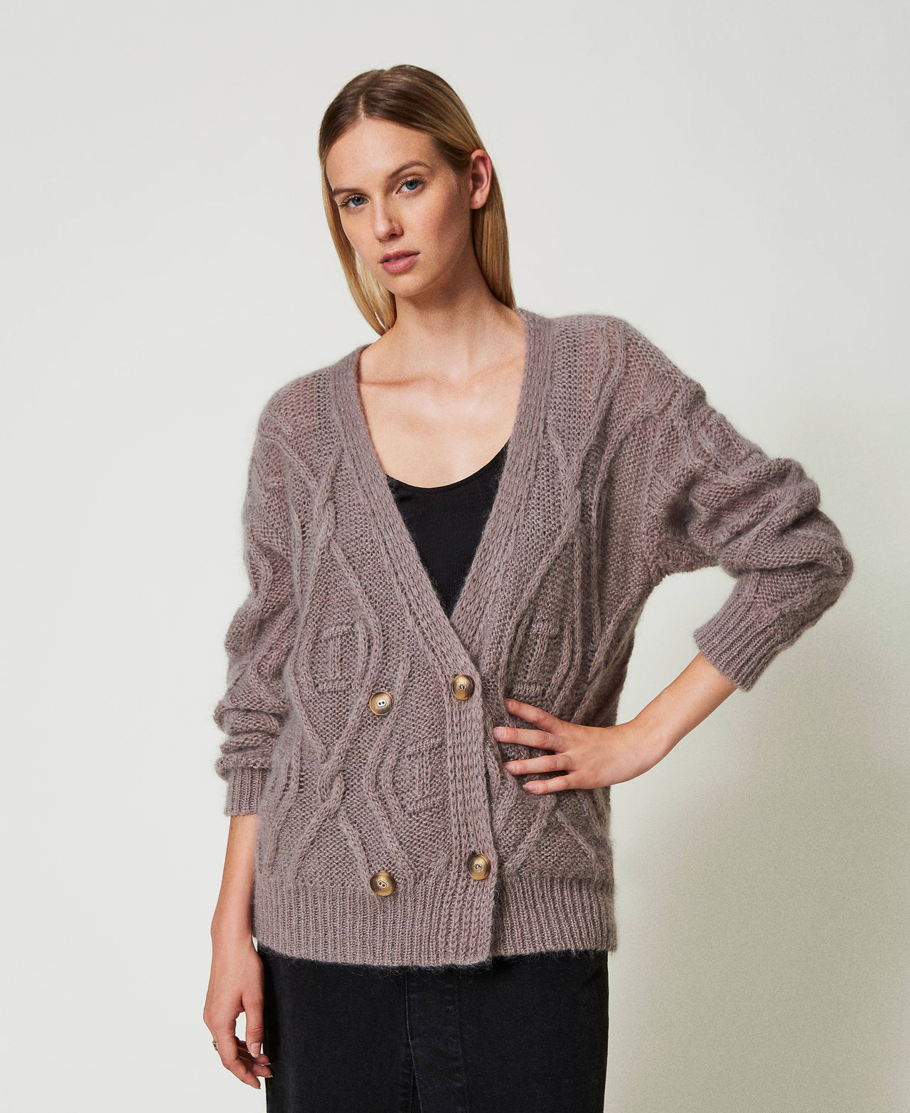 Mohair blend double-breasted cardigan Dark Taupe Woman 242TT3312_12003_02