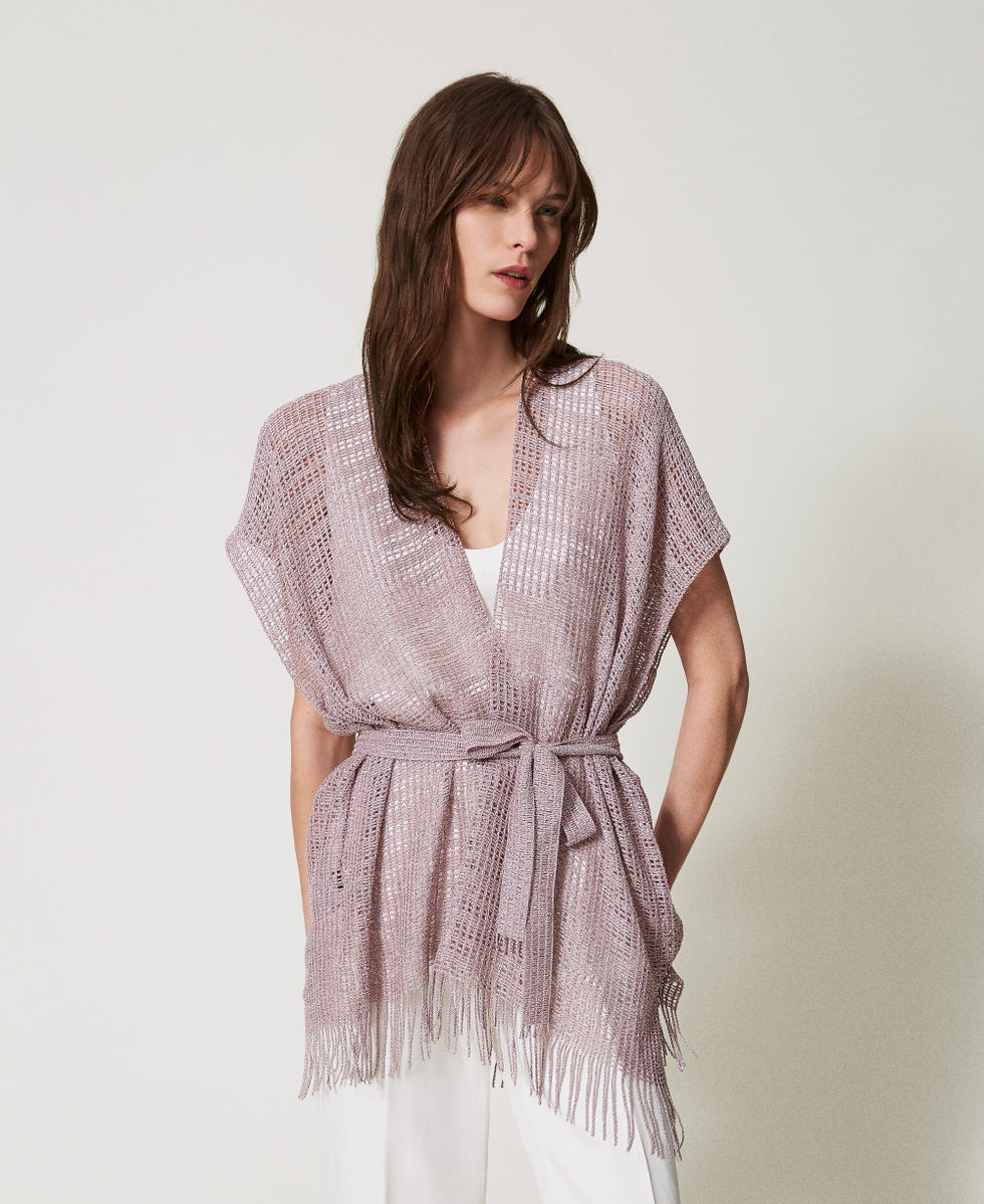 Short mesh and lurex kaftan with fringes Lilac Flowers Woman 251TO5190_00703_01