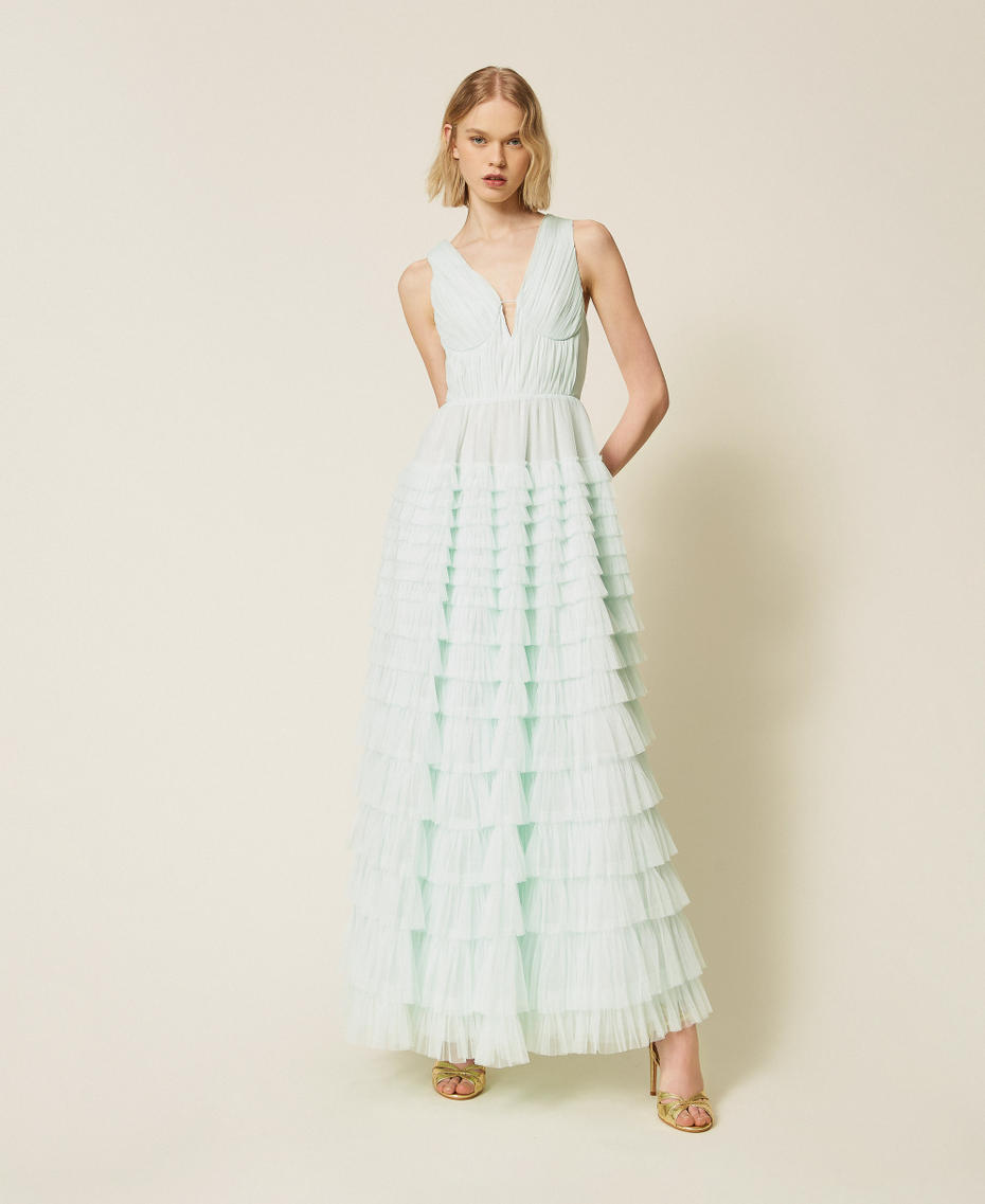Long pleated tulle dress Aqua Blue Woman 261TP208A_13162_01