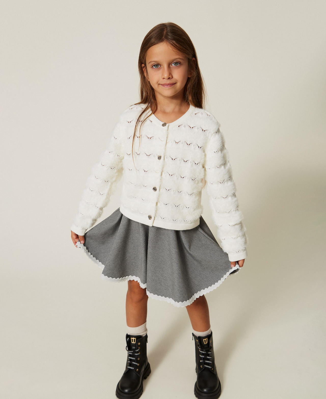 TWINSET - Cardigan fille avec boutons siglés, Femme, Blanc Neige, 2A