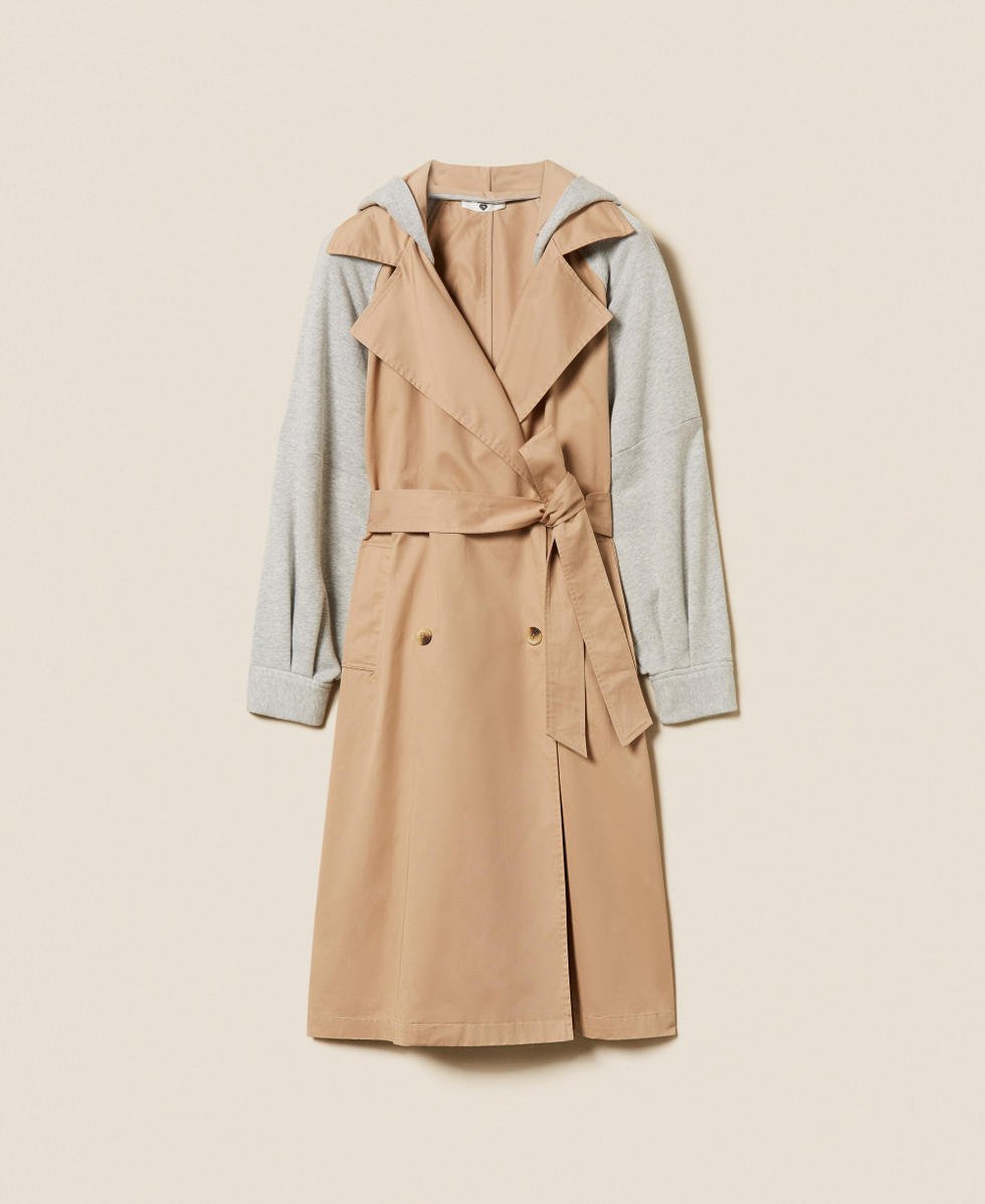 Gabardine and plush fabric trench coat