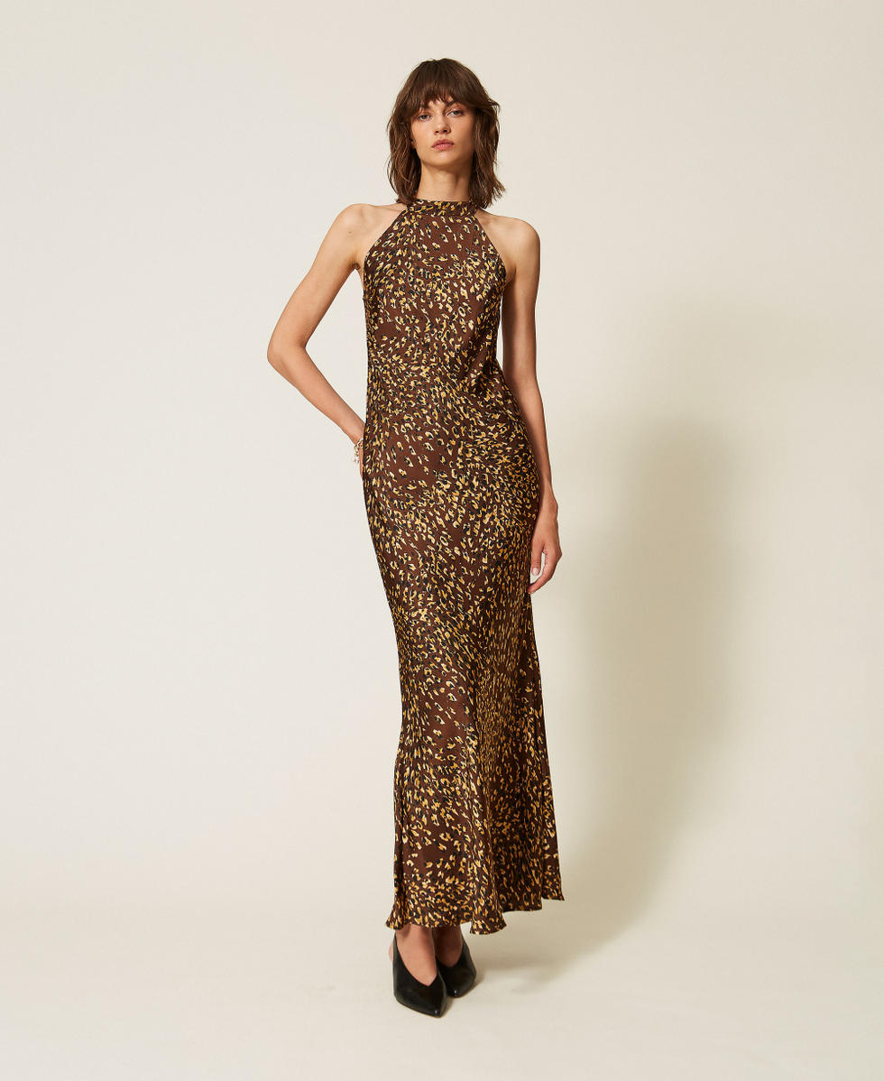 Neckholder-Maxikleid aus Satin mit Animaldessin Animal Print Brown / Gold Frau 262TP275H_13873_01