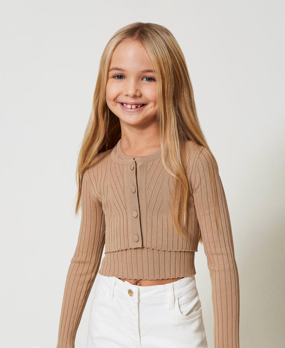 Cropped ribbed cardigan with Oval T Beige Hemp Girl 251GJ3405_00310_04