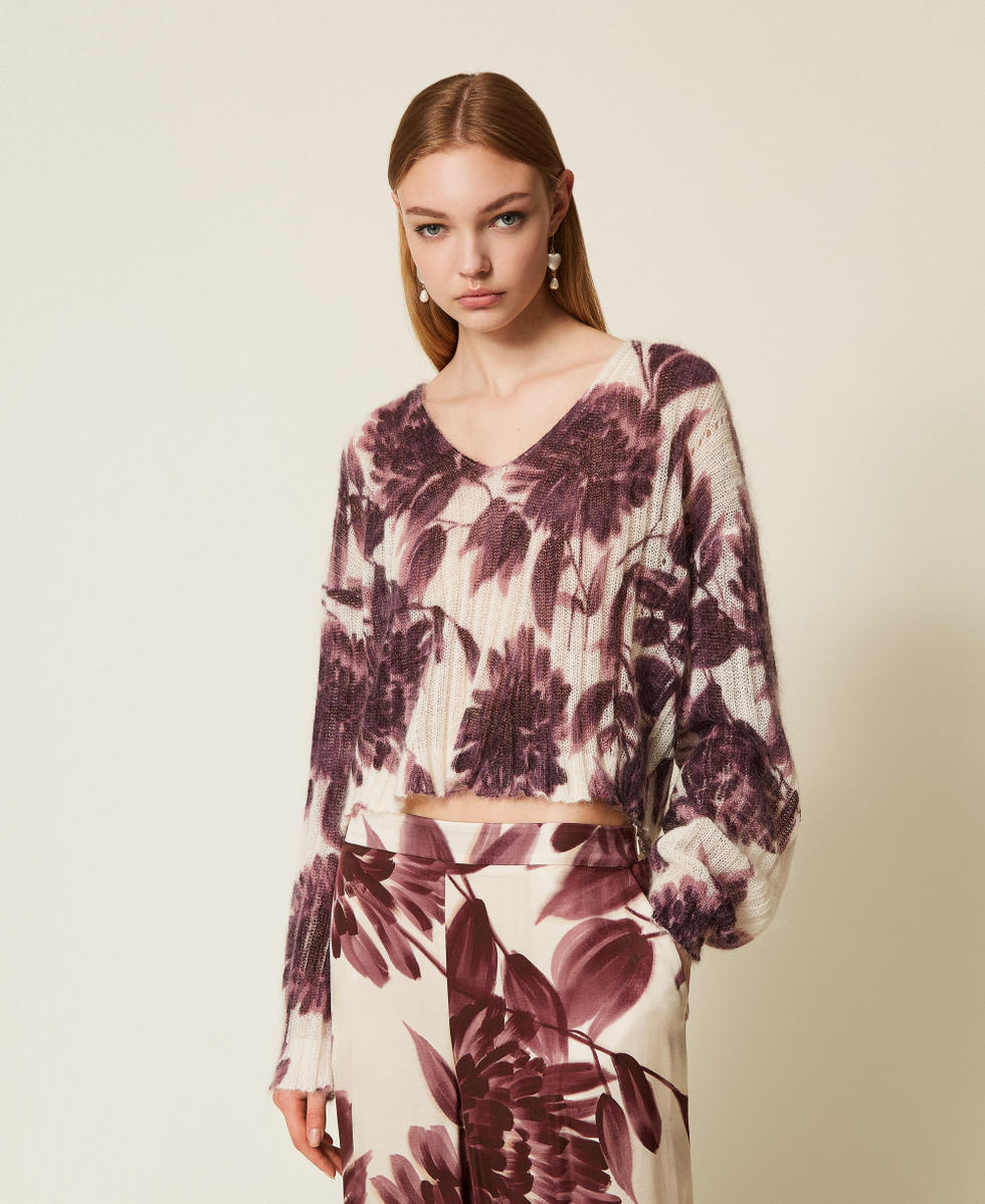 Pull en mohair m&eacute;lang&eacute; floral Imprim&eacute; Dahlia Violet &laquo;&nbsp;Winetasting&nbsp;&raquo;/Blanc &laquo;&nbsp;Old White&nbsp;&raquo; Femme 252TP3591_12785_01