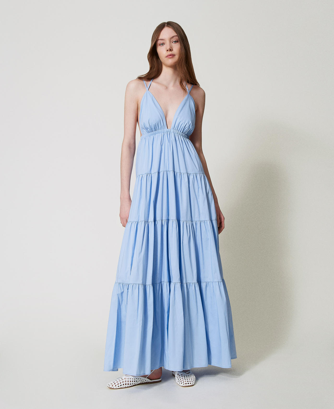 Длинное платье из поплина с оборками Голубой "Голубой Топаз" женщина 251LM2KGG_12106_02