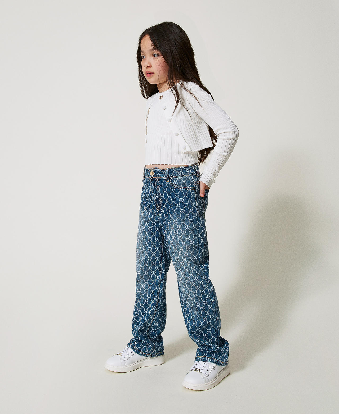 Gerippter Cropped-Cardigan mit Oval T "Ice"-Wei&szlig; M&auml;dchen 251GJ3405_00808_02