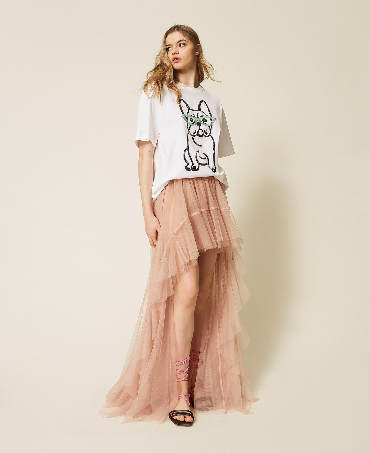 Falda larga asim&eacute;trica MYFO de tul Nude Beige Mujer 261AQ2110_13195_01