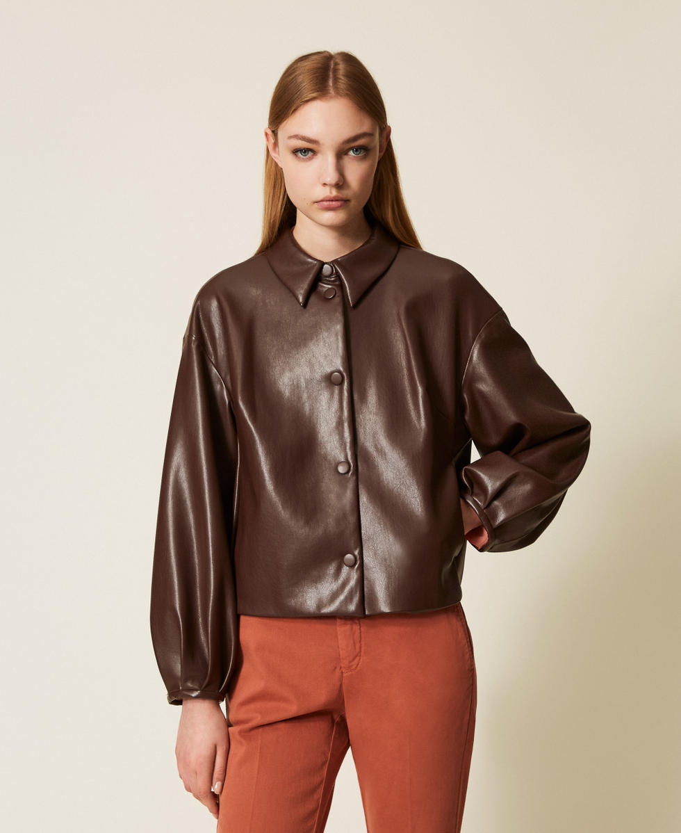 Faux leather jacket with shirt collar Coffee Woman 252TP2090_00203_01