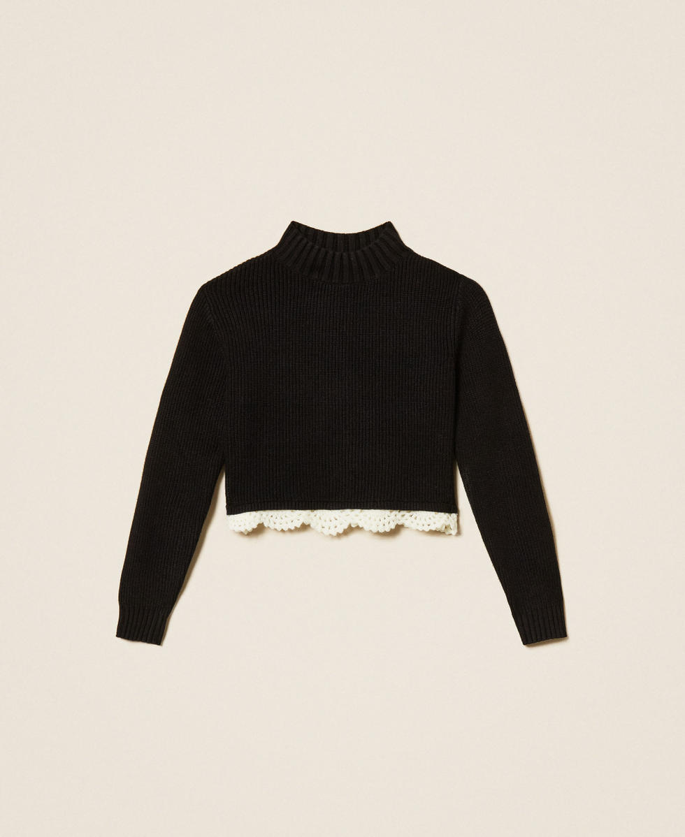 Maglia a lupetto con crochet Nero / Trimming Bianco "Neve" Bambina 262GJ3080_14009_S0