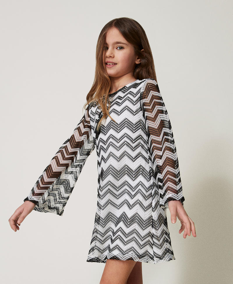 Short mesh dress with chevron pattern Bicolour "Ice" White / Black Girl 251GJ2550_02849_02