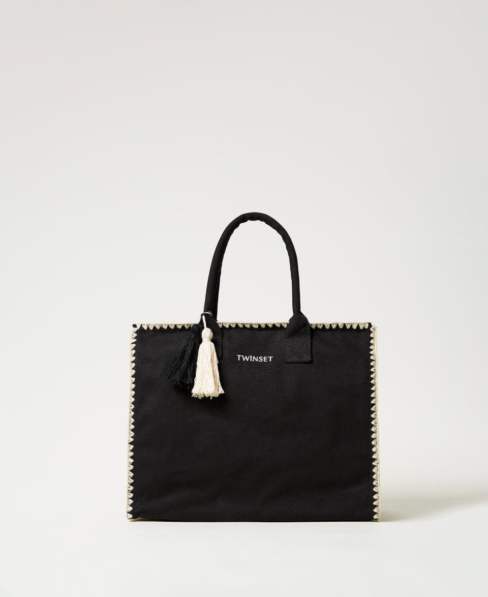 Canvas shopper bag with embroidery Black Woman 251LB7AFF_00006_01