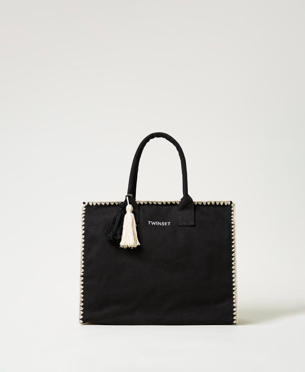 Cabas en toile avec broderie Noir Femme 251LB7AFF_00006_01